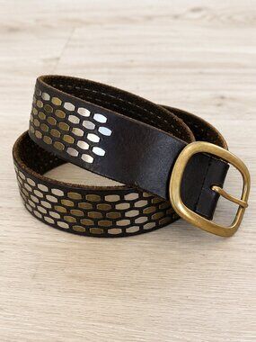 Leather Studded Belt Brown Mixed Metal Silver Brass Boho Western Festival Medium